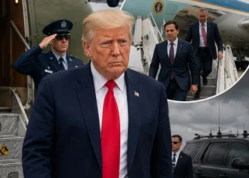 Donald Trump con cravatta rossa cammina davanti all'Air Force One