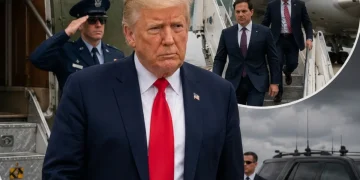 Donald Trump con cravatta rossa cammina davanti all'Air Force One