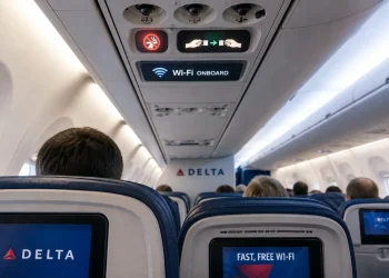 Interno aereo Delta, logo Wi-Fi acceso, schermi posti passeggeri.