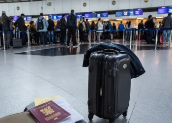 Passaporto, documenti di viaggio e valigia nera in aeroporto