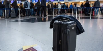 Passaporto, documenti di viaggio e valigia nera in aeroporto