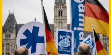 Persone in piazza con bandiere tedesche e cartelli AfD, Germania