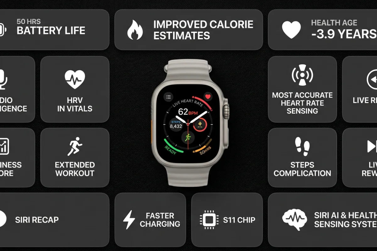 Apple Watch Ultra con schermo che mostra frequenza cardiaca, passi e nuove funzionalità.