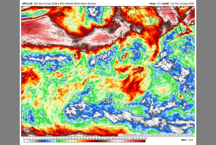 Mappa meteorologica con wind shear sull'Atlantico, America e Caraibi. Allarme super El Niño: potrebbe causare circa 451mila decessi nel mondo