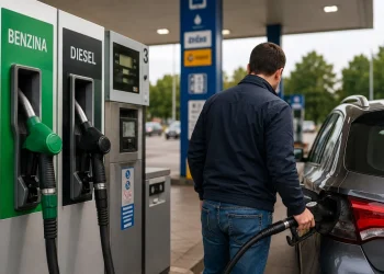 Uomo fa rifornimento alla pompa di benzina e diesel.