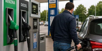 Uomo fa rifornimento alla pompa di benzina e diesel.