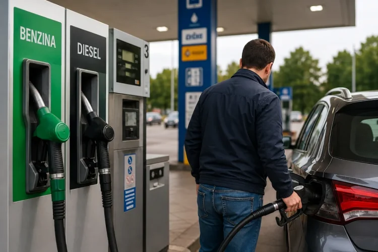 Uomo fa rifornimento alla pompa di benzina e diesel.