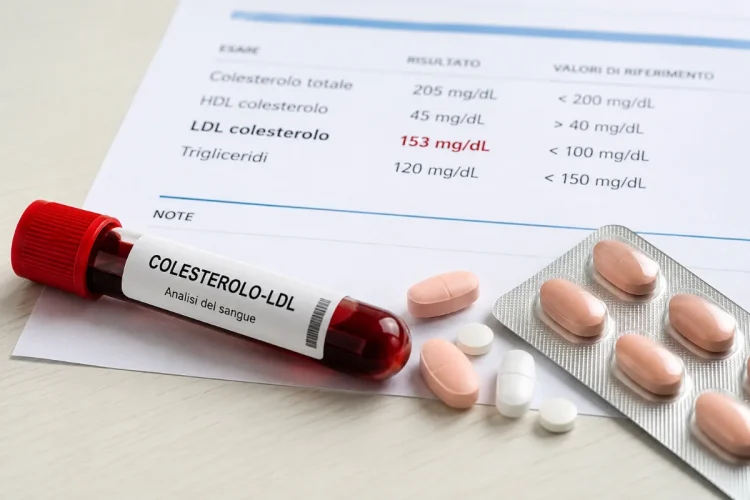 Provetta con sangue, referto medico e farmaci per colesterolo alto