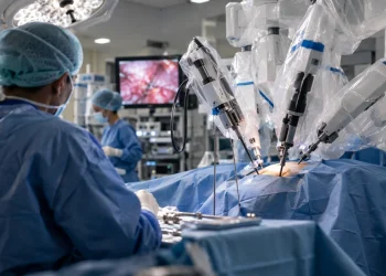 Robot chirurgico assiste medici in sala operatoria durante un intervento