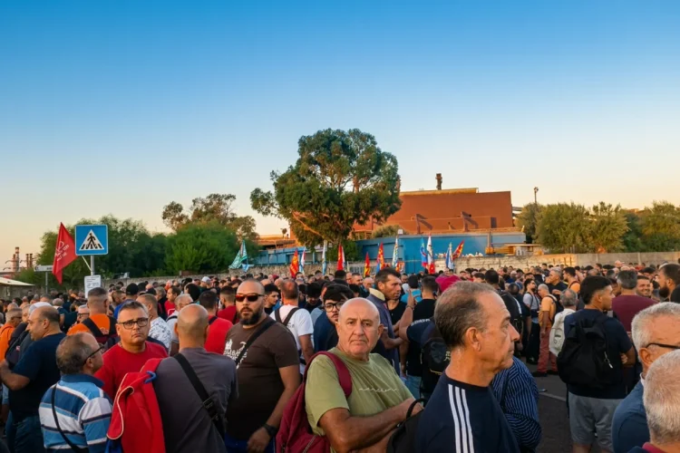 Folla di operai e manifestanti radunati presso un complesso industriale.