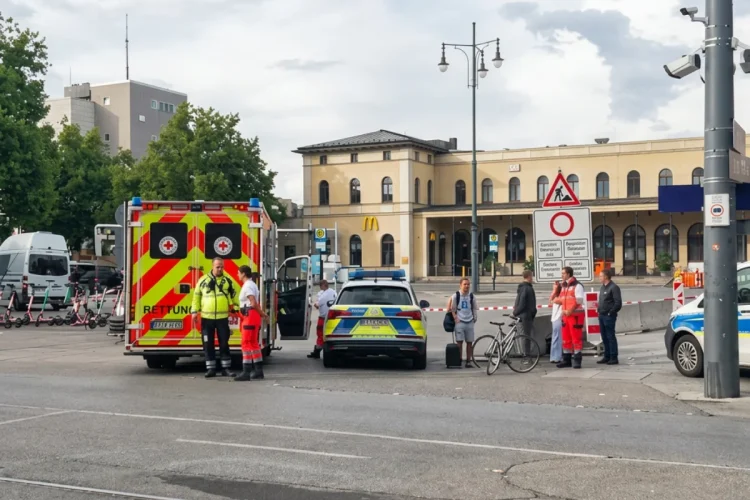 Personale di soccorso con ambulanza e polizia davanti alla stazione di Augusta.
