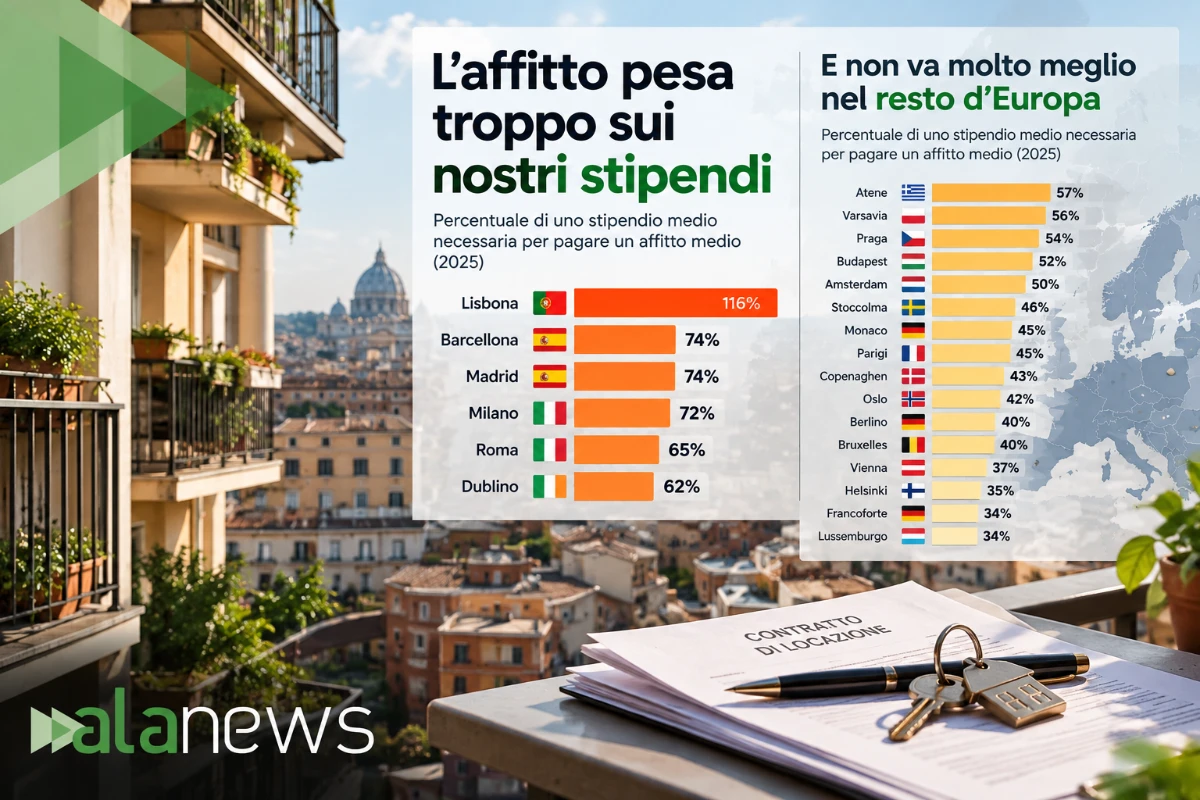 Infografica mostra rapporto affitti-stipendi in città europee, contratto con chiavi