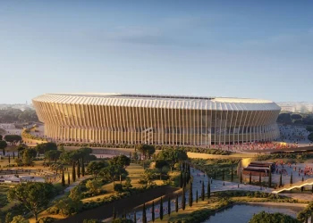 Rendering aereo del nuovo stadio della Roma immerso nel verde