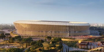 Rendering aereo del nuovo stadio della Roma immerso nel verde