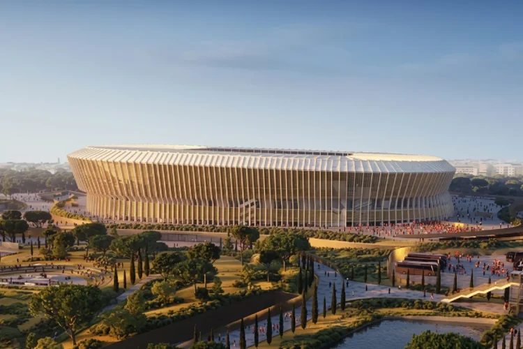 Rendering aereo del nuovo stadio della Roma immerso nel verde