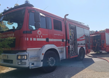 Due camion dei Vigili del Fuoco, un pompiere sul retro