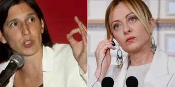 Elly Schlein e Giorgia Meloni in due ritratti, esprimono discorsi politici.