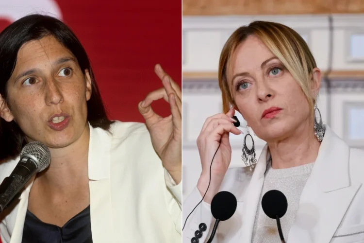 Elly Schlein e Giorgia Meloni in due ritratti, esprimono discorsi politici.