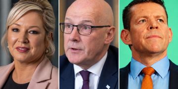 Michelle O'Neill, John Swinney e Rhun ap Iorwerth ritratti insieme.