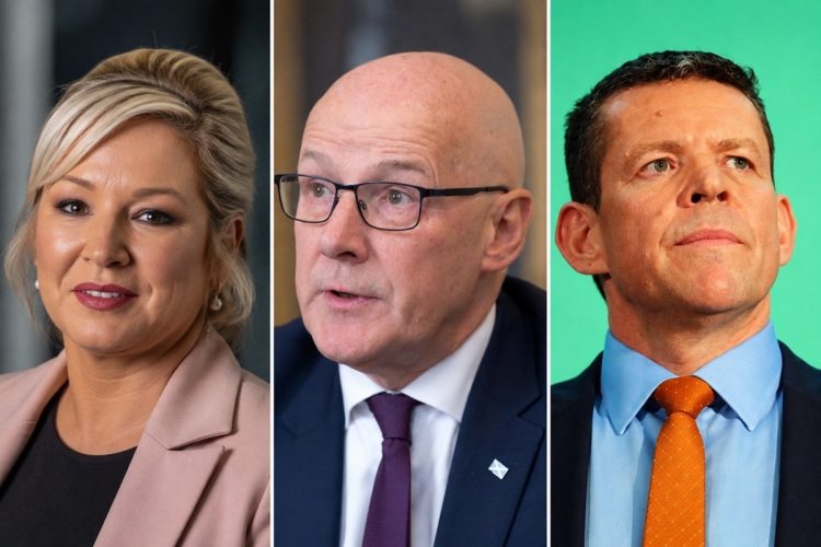 Michelle O'Neill, John Swinney e Rhun ap Iorwerth ritratti insieme.