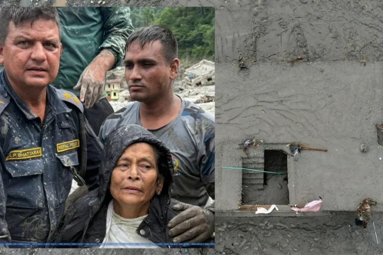 Soccorritori nepalesi e donna anziana salvata dal fango in Nepal