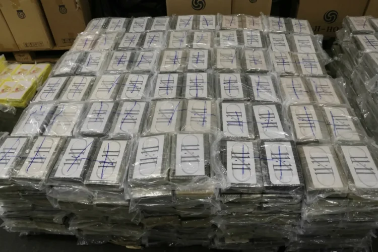 Numerosi panetti di droga sigillati in plastica trasparente, impilati