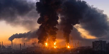 Incendio raffineria a Mosca con fiamme alte e denso fumo nero