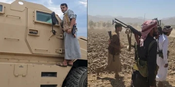 Combattenti Houthi con armi in Yemen, su veicolo militare e a piedi.