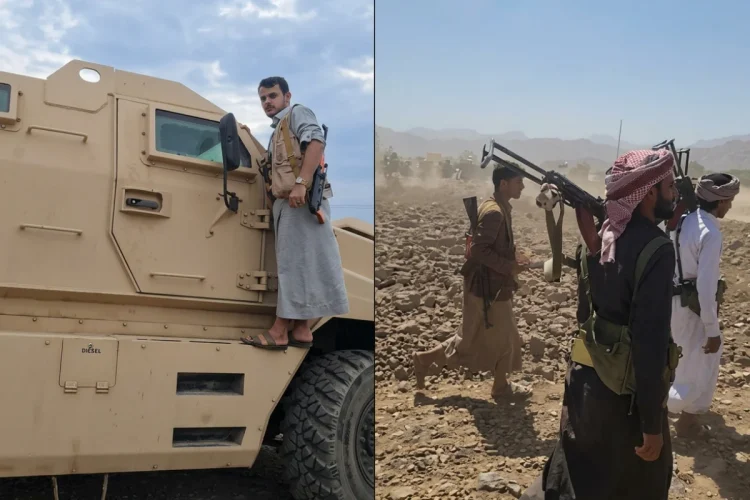 Combattenti Houthi con armi in Yemen, su veicolo militare e a piedi.