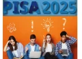 Quattro studenti diversamente impegnati con laptop e libri, logo PISA 2025 in evidenza.