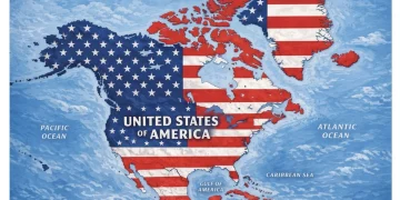 Tweet di Donald Trump con mappa Nord America bandiera USA.
