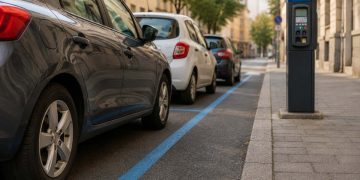 Auto parcheggiata sulle strisce blu in un'area di sosta a pagamento