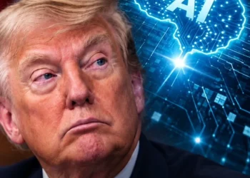 Donald Trump con sfondo cerebrale AI annunciando forze IA