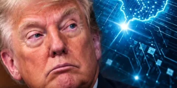 Donald Trump con sfondo cerebrale AI annunciando forze IA