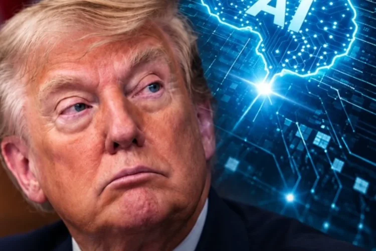 Donald Trump con sfondo cerebrale AI annunciando forze IA