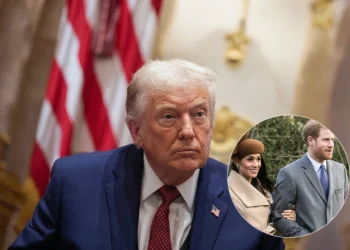 Donald Trump guarda i Duchi di Sussex, Harry e Meghan, in un ritratto composito