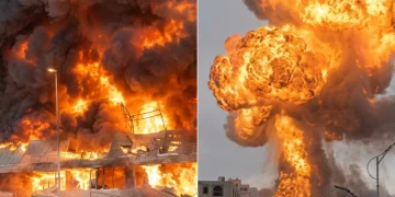 Fiamme e fumo denso da edifici in fiamme e un