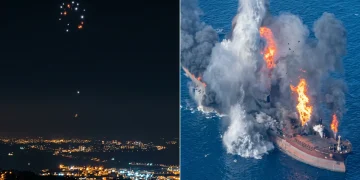 Petroliera in fiamme in mare aperto e skyline notturno con esplosioni aeree.