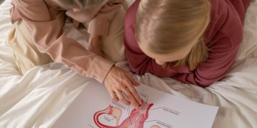Mother and daughter studying reproductive system illustration for sex education at home. L'ovaio resta attivo dopo la menopausa: lo studio su invecchiamento e tessuti