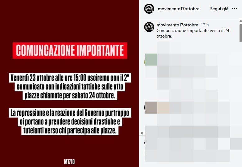 Avviso diffusione secondo comunicato stampa Movimento 17 ottobre