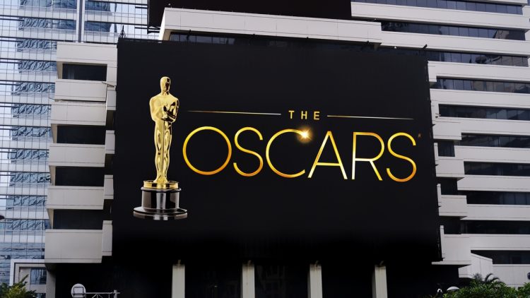 The words "Oscars"on a black LED billboard advertising