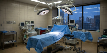 sala operatoria vuota, con il lettino chirurgico al centro, le lampade accese e nessun medico presente