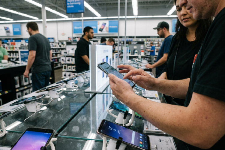 Smartphone di diversi modelli esposti in un negozio di elettronica