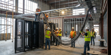 operai al lavoro all’interno di un grande data center in costruzione, con impianti elettrici, cavi e strutture industriali sullo sfondo