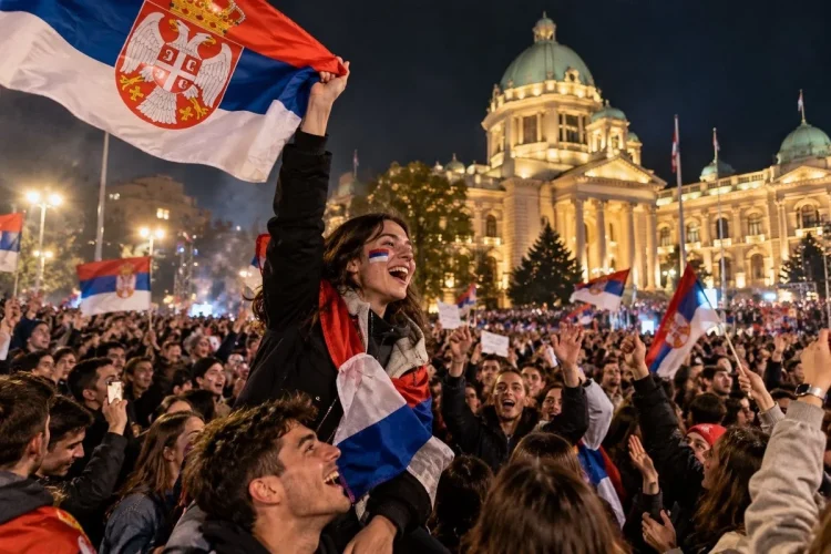 Studenti in Serbia festeggiano la vittoria alle elezioni