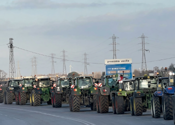 Fila di trattori fermi sulla strada durante protesta agricola italiana