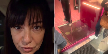 Cristina Fogazzi primo piano e ingresso negozio VeraLab con persone. Cristina Fogazzi si scusa per il giovane rimasto fuori da VeraLab durante gli scontri a Milano