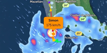 Mappa uragano Simon con traiettoria e velocità sul Messico. L'uragano Simon sfiora la categoria 5 lungo la costa del Messico
