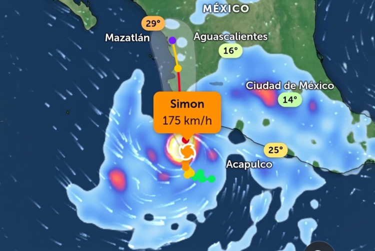 Mappa uragano Simon con traiettoria e velocità sul Messico. L'uragano Simon sfiora la categoria 5 lungo la costa del Messico