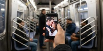 Telefono in primo piano con immagine di soap opera e sullo sfondo ambientazione in metropolitana